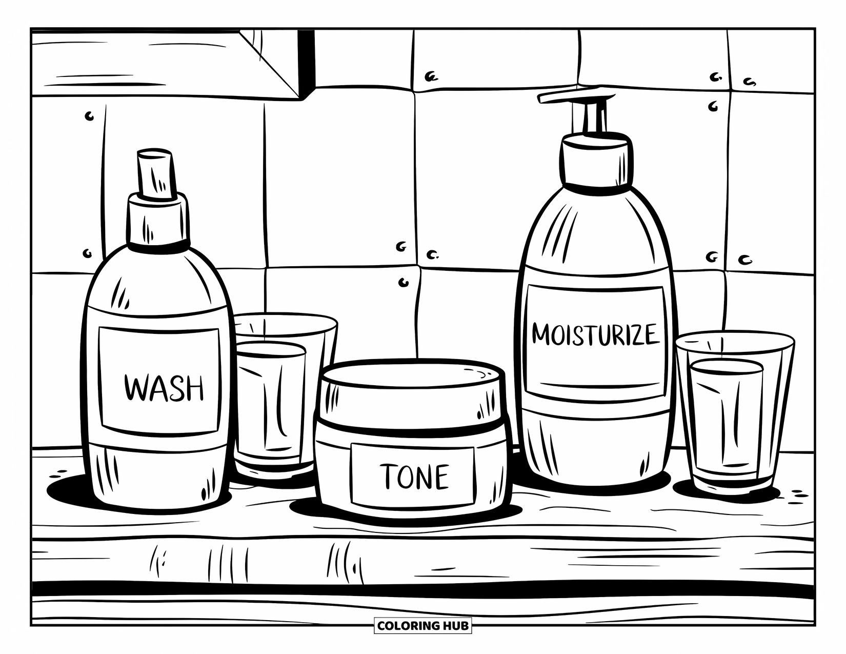 Skincare Coloring Page for Kids: Three skincare bottles labeled clearly for each step sit on a wooden counter
