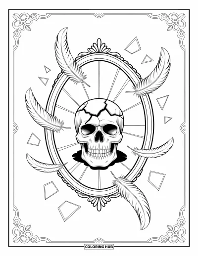 Skull Coloring Page for Adults: A broken mirror frames a cracked skull with feathers and shards scattered around it