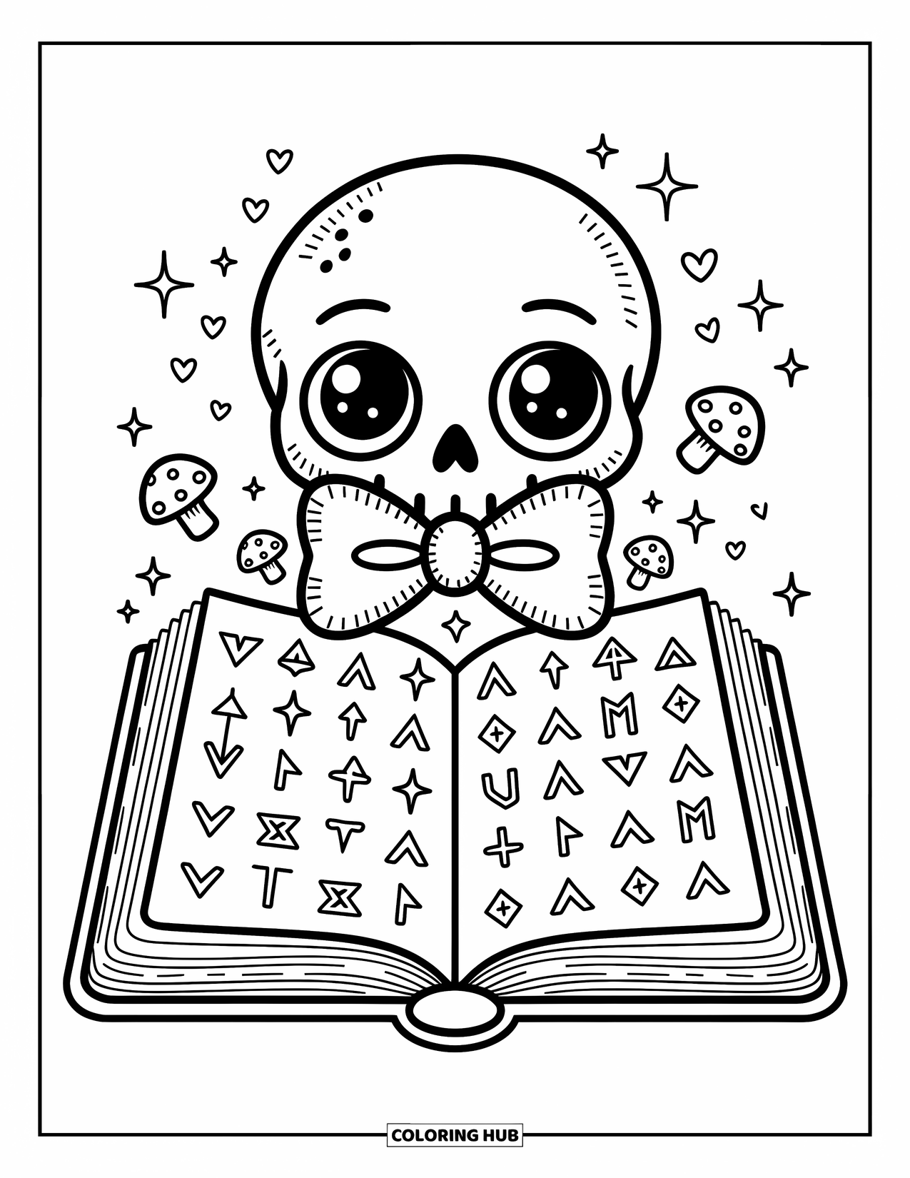 Skull Coloring Page for Adults: A cheerful skull in a bowtie rests in a spellbook with stars and floating hearts nearby