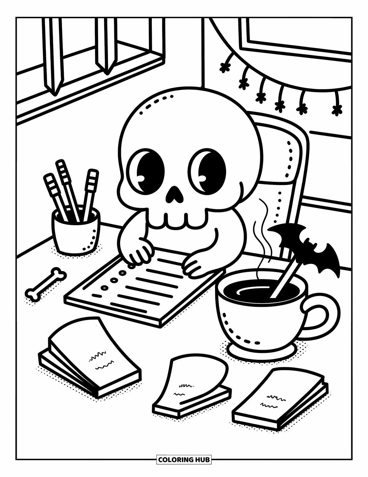 Skull Coloring Page for Adults: A cute skull focuses on tasks at a desk with bone pencils and bat-stirred tea