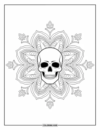 Skull Coloring Page for Adults: A detailed mandala surrounds a central skull, blending floral and geometric designs