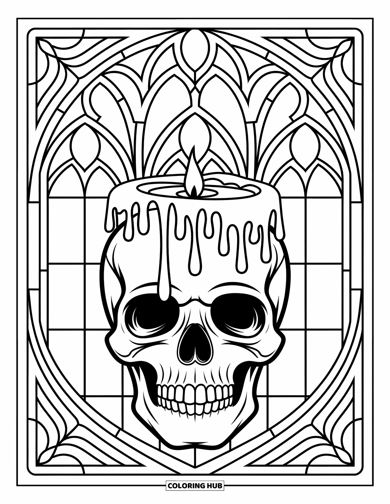 Skull Coloring Page for Adults: A gothic skull crowned with candle wax sits amid stained glass patterns and elegant designs