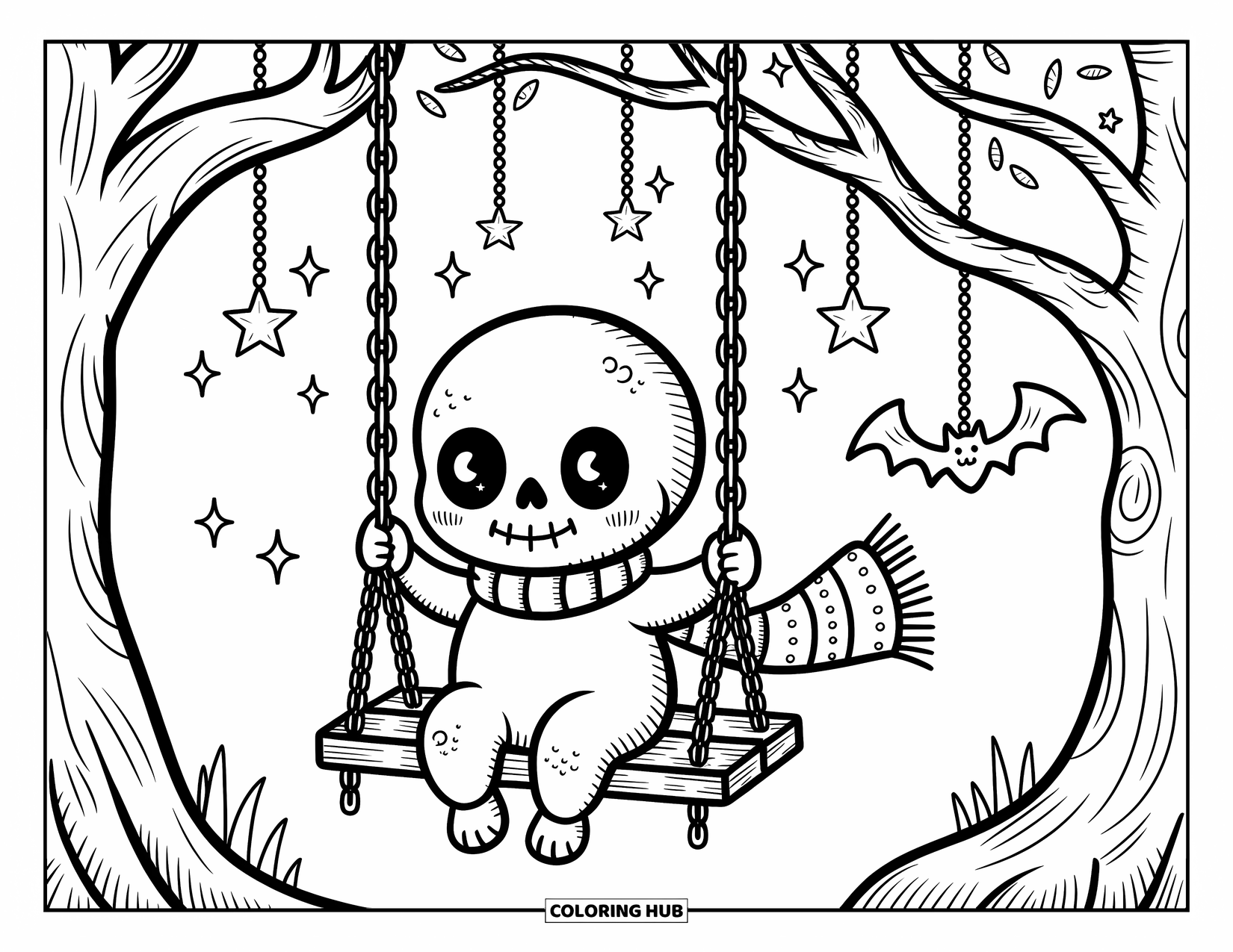 Skull Coloring Page for Adults: A happy little skull swings from a bone-linked chain under a starry, bat-filled tree