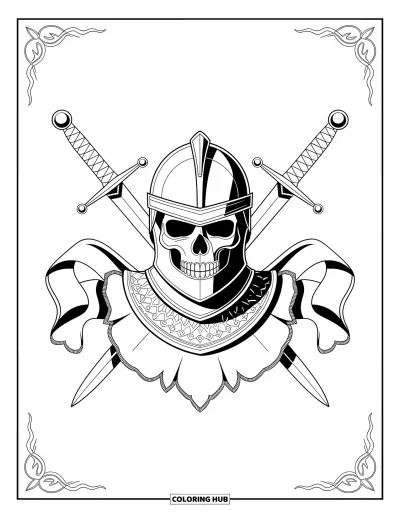 Skull Coloring Page for Adults: A medieval helmet with a skull, swords, and banner is framed by intricate decorative patterns
