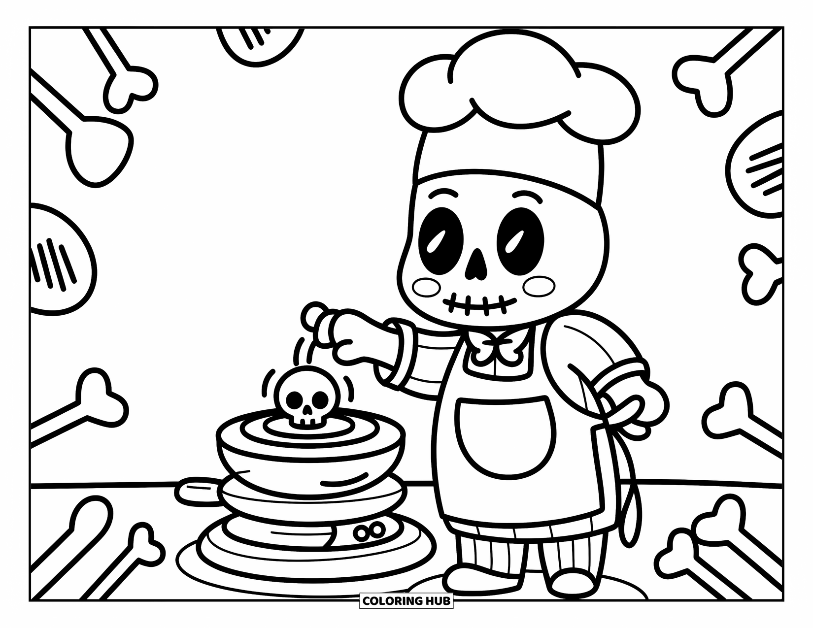 Skull Coloring Page for Adults: A quirky skull chef flips a fun pancake surrounded by playful bone-themed utensils