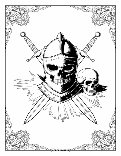 Skull Coloring Page for Adults: A skull rests inside a detailed knight's helmet with crossed swords and a fluttering banner