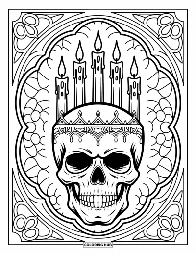 Skull Coloring Page for Adults: A skull with dripping wax candles rests among stained glass patterns and detailed borders