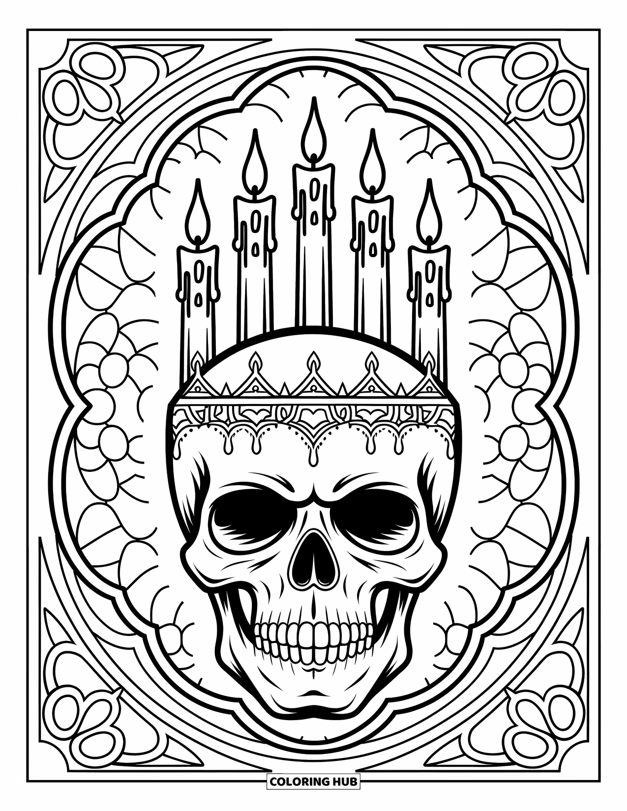 Skull Coloring Page for Adults: A skull with dripping wax candles rests among stained glass patterns and detailed borders