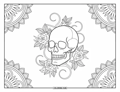 Skull Coloring Page for Adults: A skull wrapped in roses and vines sits within a border of intricate swirling designs