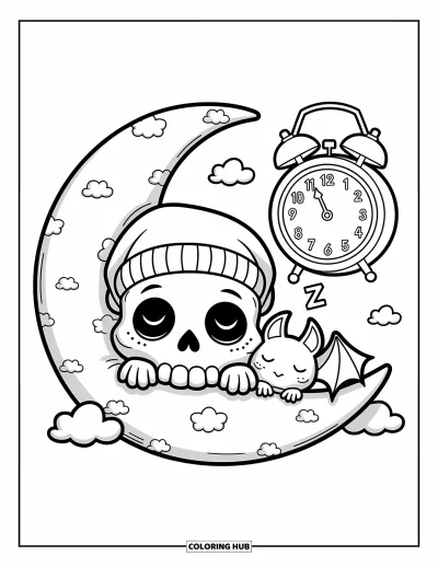 Skull Coloring Page for Adults: A sleepy skull with a huge cap rests on a moon pillow beside a bat and alarm clock