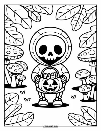 Skull Coloring Page for Adults: A small skeleton with sweets walks through a whimsical forest of mushrooms and big leaves