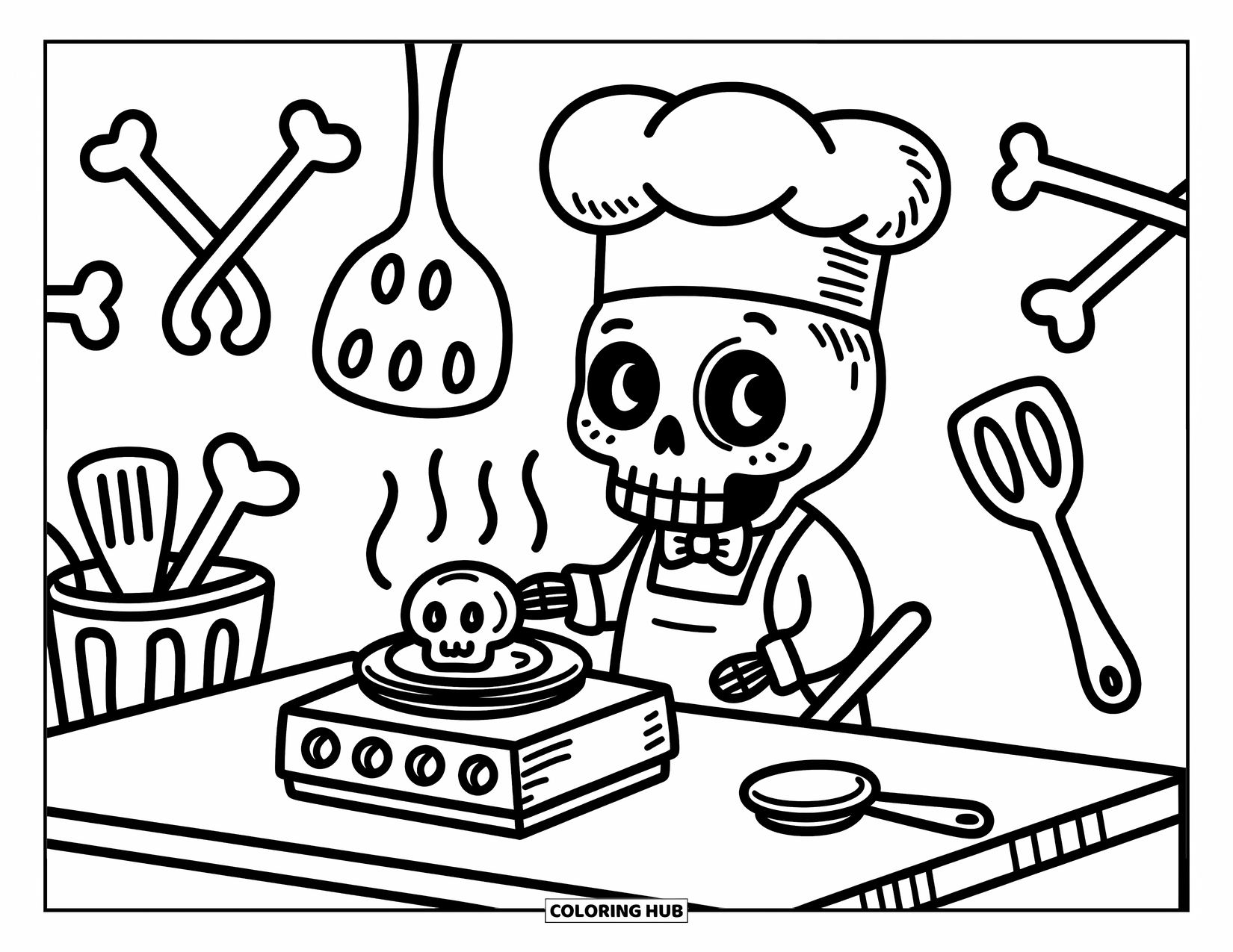 Skull Coloring Page for Adults: A smiling skull chef cooks in a cozy kitchen with crossbone spatulas and femur utensils