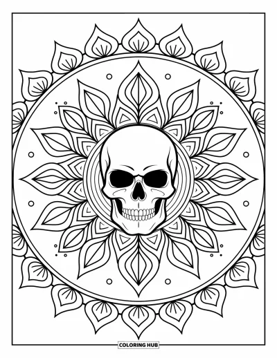Skull Coloring Page for Adults: A symmetrical mandala with a skull in the center features intricate floral and geometric details