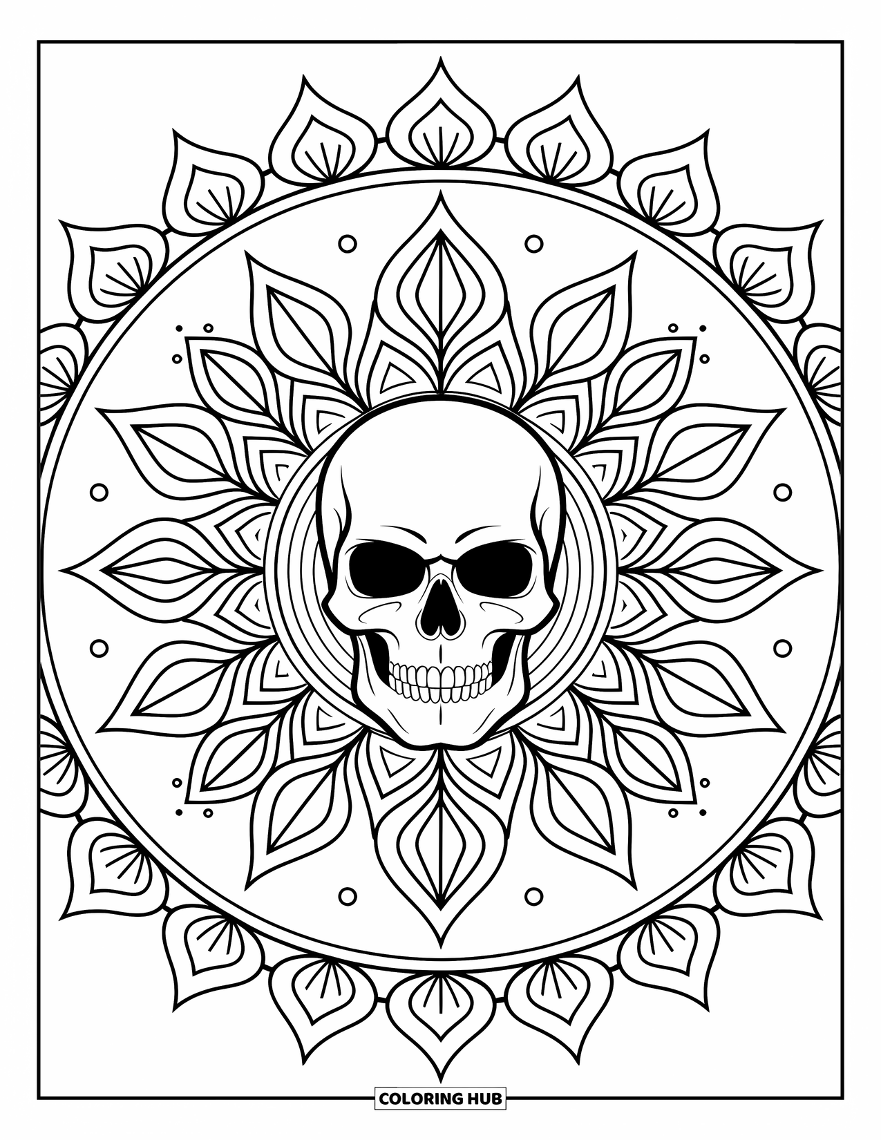 Skull Coloring Page for Adults: A symmetrical mandala with a skull in the center features intricate floral and geometric details