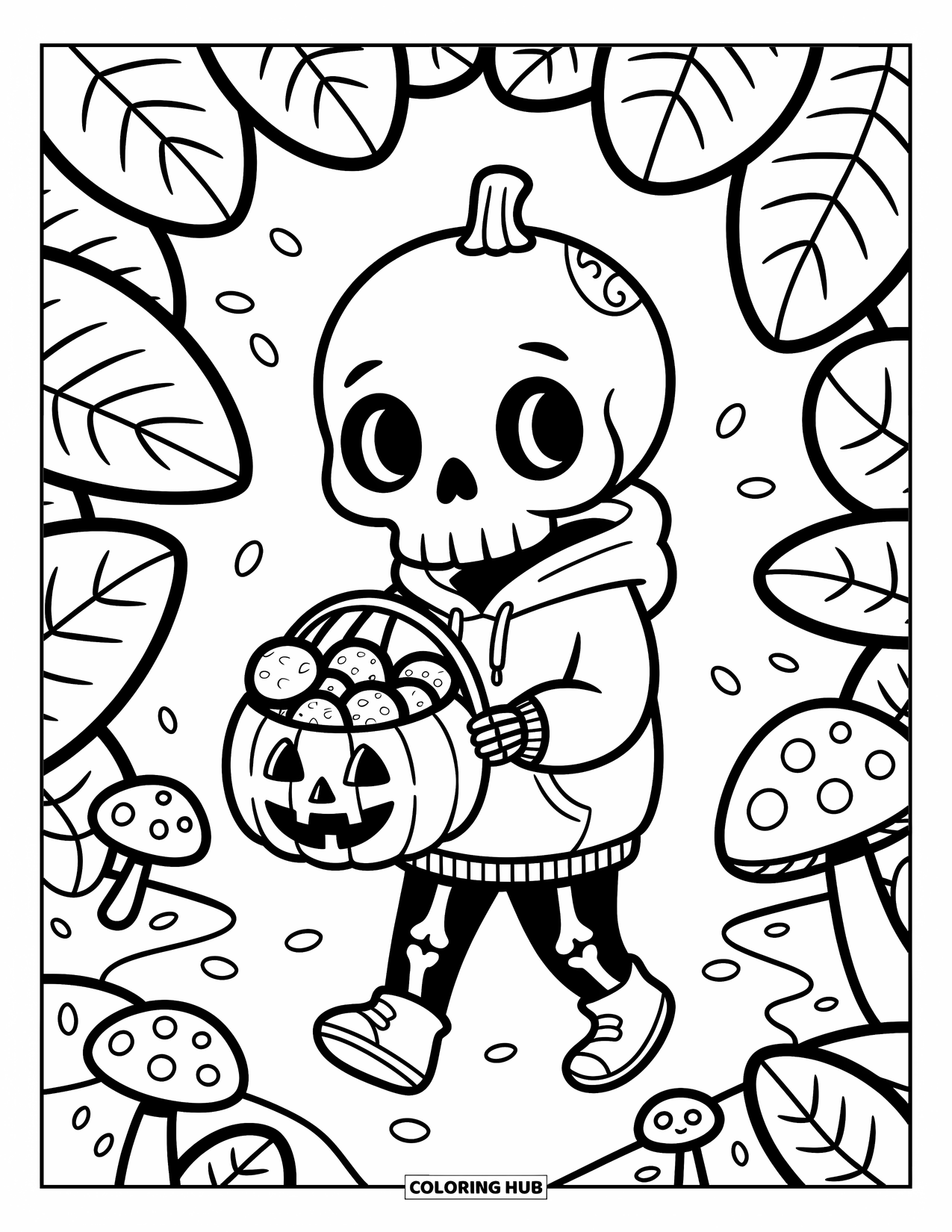 Skull Coloring Page for Adults: A tiny skeleton in a hoodie carries a pumpkin basket through a forest of giant leaves