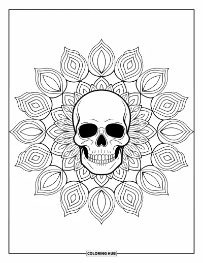 Skull Coloring Page for Adults: At the heart of a mandala, a skull is surrounded by elegant, intricate design elements