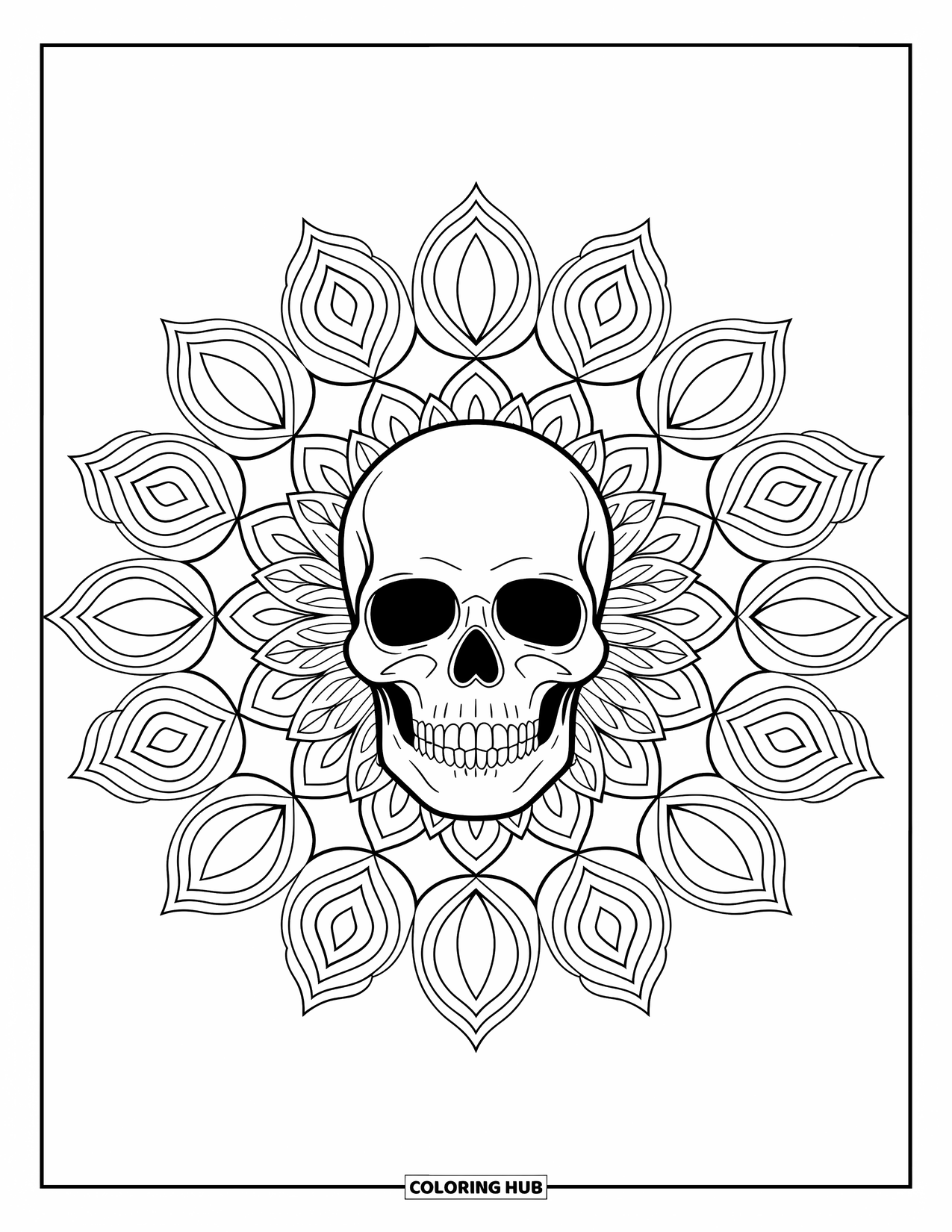Skull Coloring Page for Adults: At the heart of a mandala, a skull is surrounded by elegant, intricate design elements