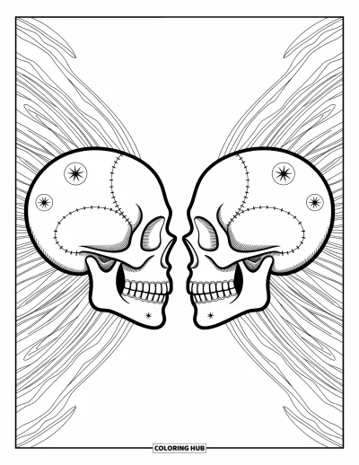 Skull Coloring Page for Adults: Mirrored skulls decorated with stars and filigree float in an intricate celestial design