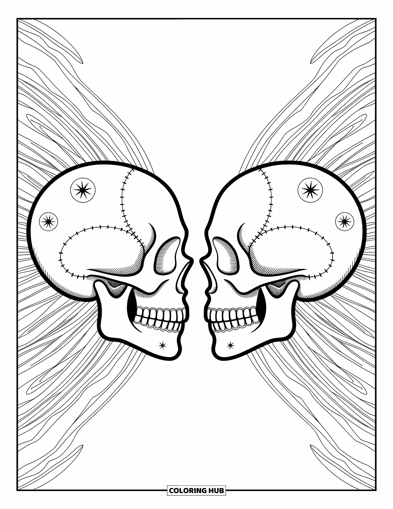 Skull Coloring Page for Adults: Mirrored skulls decorated with stars and filigree float in an intricate celestial design