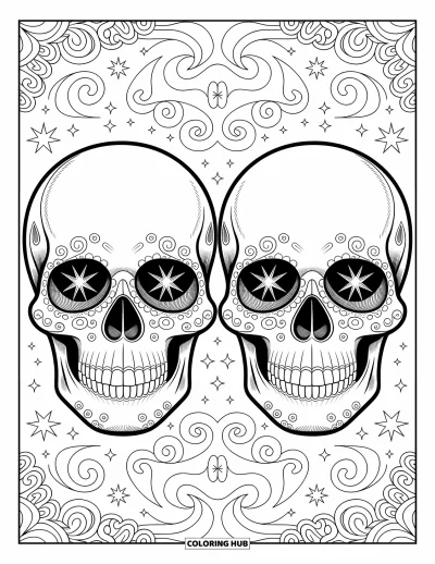 Skull Coloring Page for Adults: Two mirrored skulls face outward, adorned with swirling filigree and celestial symbols