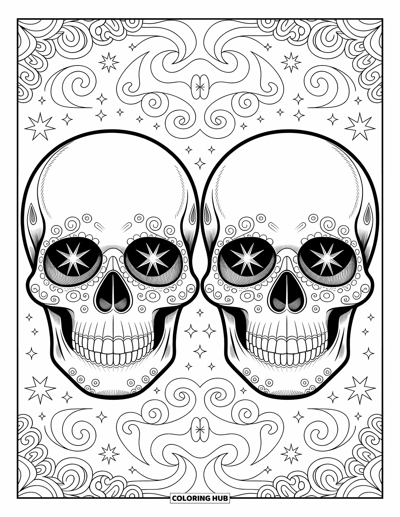 Skull Coloring Page for Adults: Two mirrored skulls face outward, adorned with swirling filigree and celestial symbols