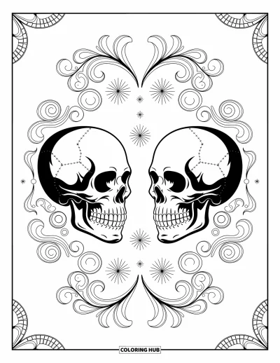 Skull Coloring Page for Adults: Two skulls, rich in filigree and stars, mirror each other in a detailed design
