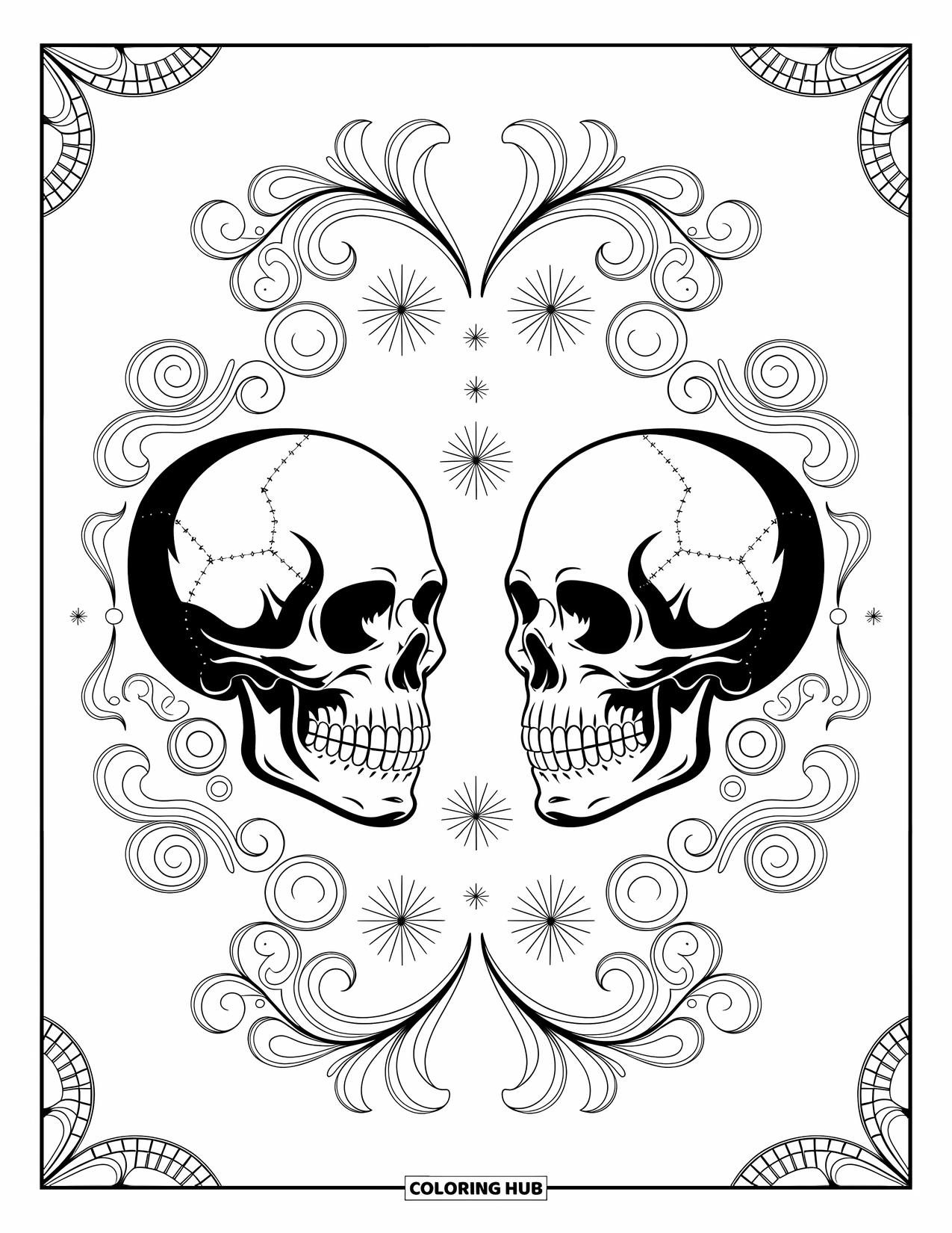 Skull Coloring Page for Adults: Two skulls, rich in filigree and stars, mirror each other in a detailed design