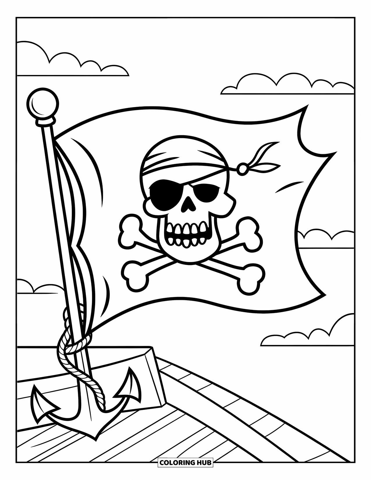 Skull Coloring Page for Kids: A breezy flag with a pirate skull flies beside an anchor under a sky of clouds
