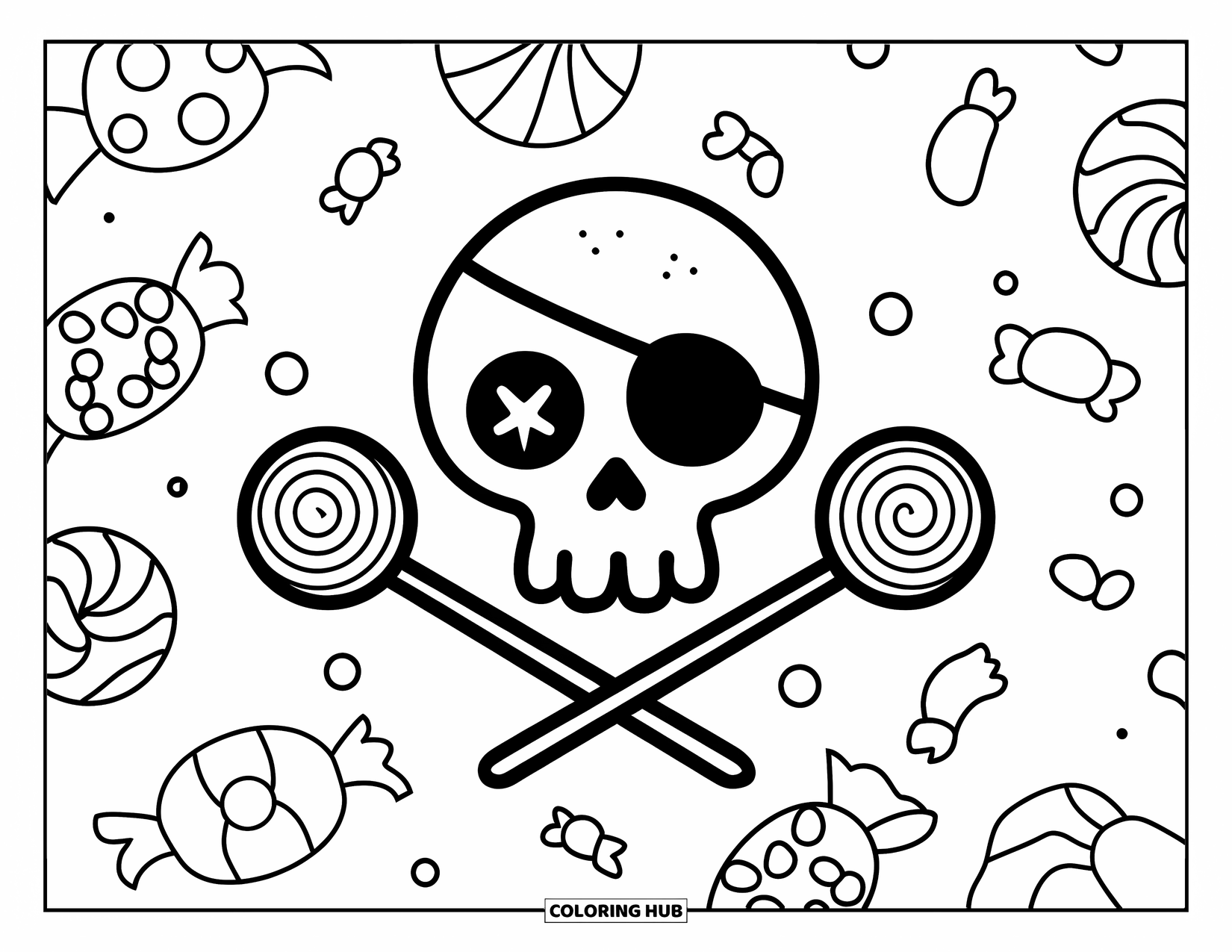 Skull Coloring Page for Kids: A candy-loving pirate skull smiles under an eye patch with treats all around