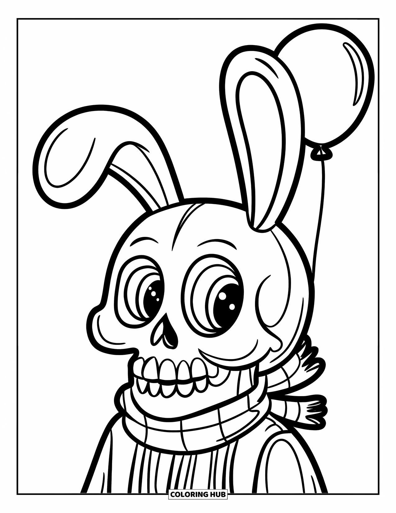 Skull Coloring Page for Kids: A cheerful skull with bunny ears and a scarf holds a balloon to one side