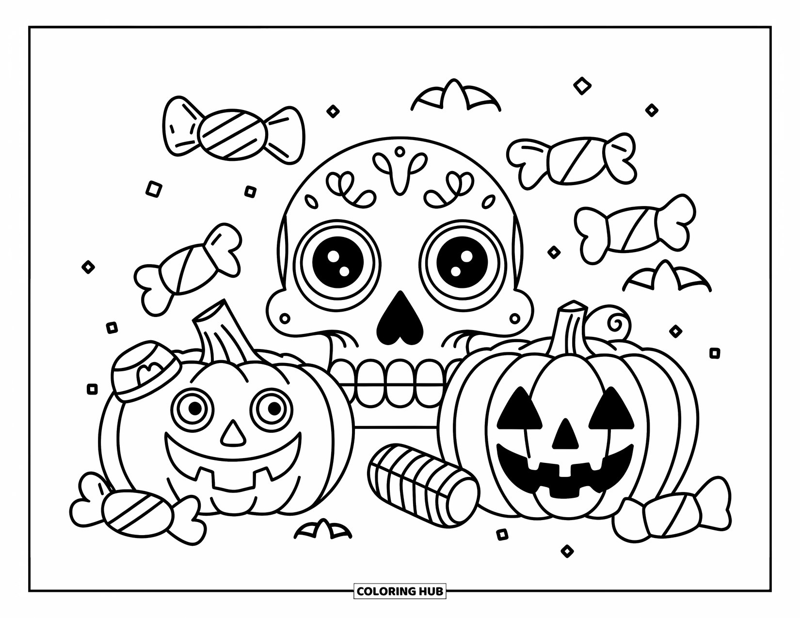 Skull Coloring Page for Kids: A cute skull in a jack-o'-lantern helmet is surrounded by candy and Halloween fun