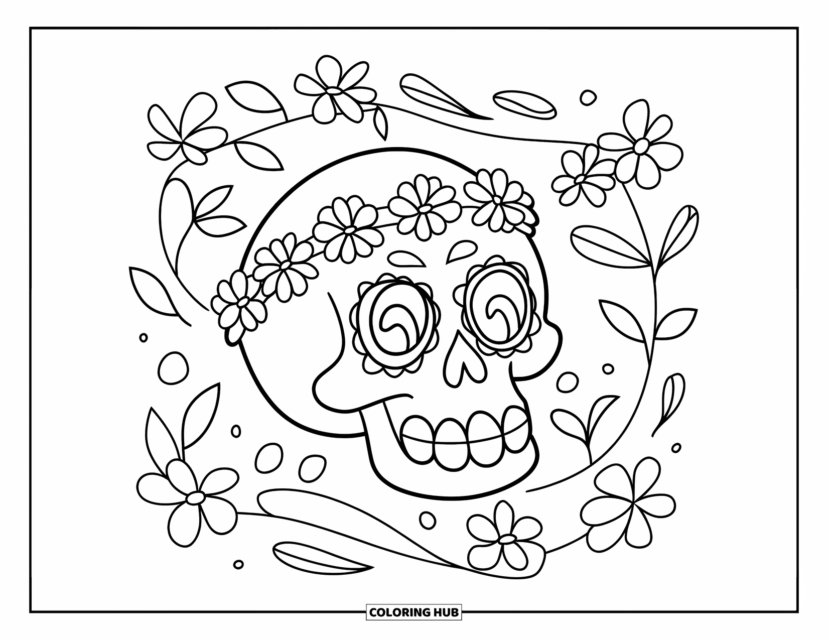 Skull Coloring Page for Kids: A friendly skull wears a flower crown, surrounded by swirls and blooming petals
