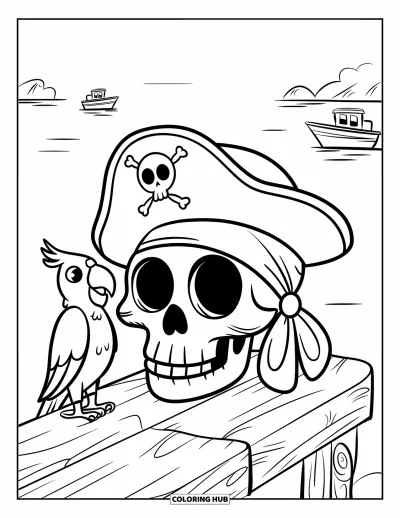 Skull Coloring Page for Kids: A grinning skull in a pirate hat sits beside a parrot on a wooden plank at sea