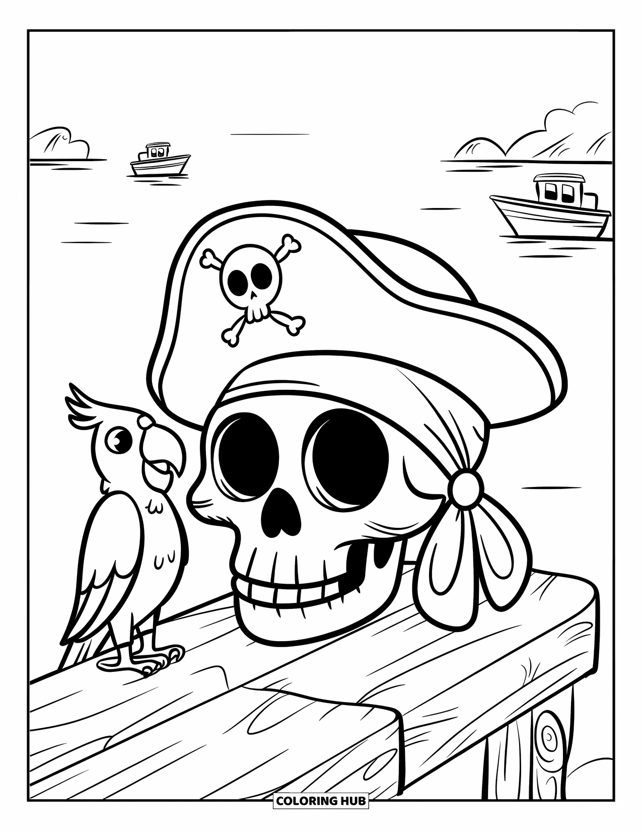 Skull Coloring Page for Kids: A grinning skull in a pirate hat sits beside a parrot on a wooden plank at sea