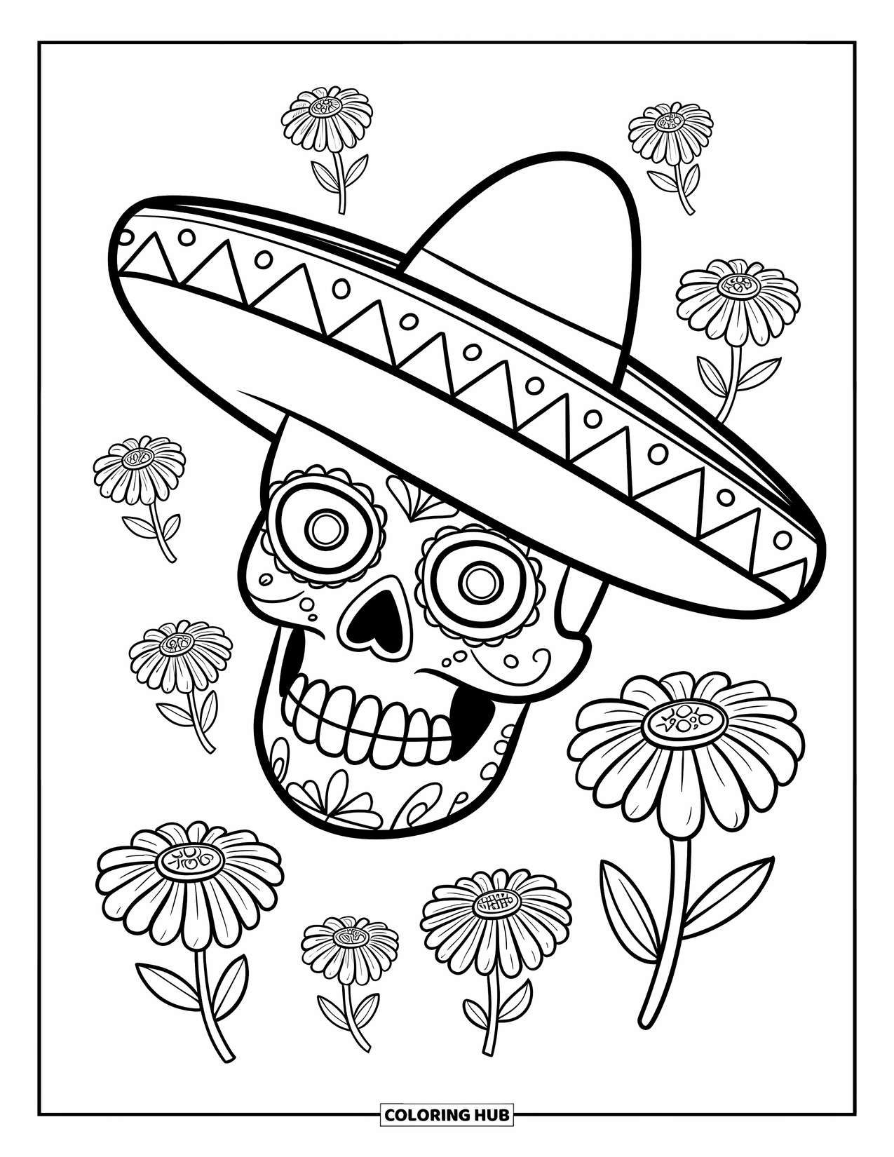 Skull Coloring Page for Kids: A grinning skull in a sombrero is surrounded by drifting marigolds
