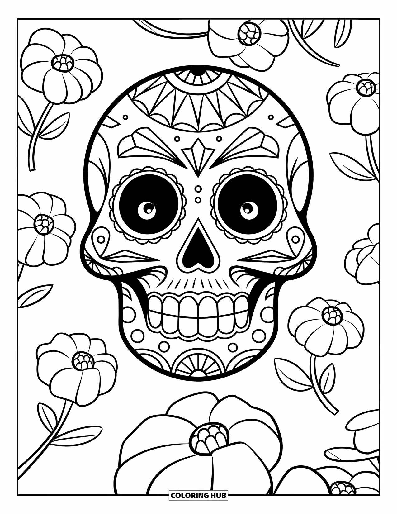 Skull Coloring Page for Kids: A happy skull with big eyes smiles among marigolds and playful shapes