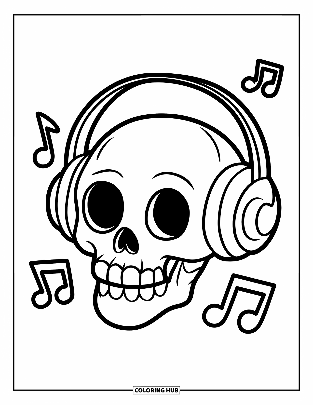 Skull Coloring Page for Kids: A joyful skull grooves to music as notes dance around its headphones