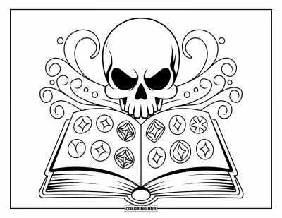 Skull Coloring Page for Kids: A mysterious skull peeks from behind a magical book filled with mysterious symbols