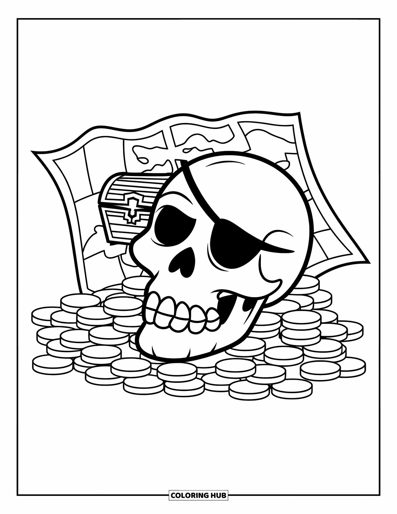 Skull Coloring Page for Kids: A pirate skull rests on coins with a treasure map and chest behind it