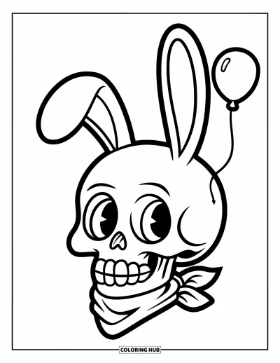 Skull Coloring Page for Kids: A smiling skull with bunny ears and a balloon wears a scarf and looks cheerful