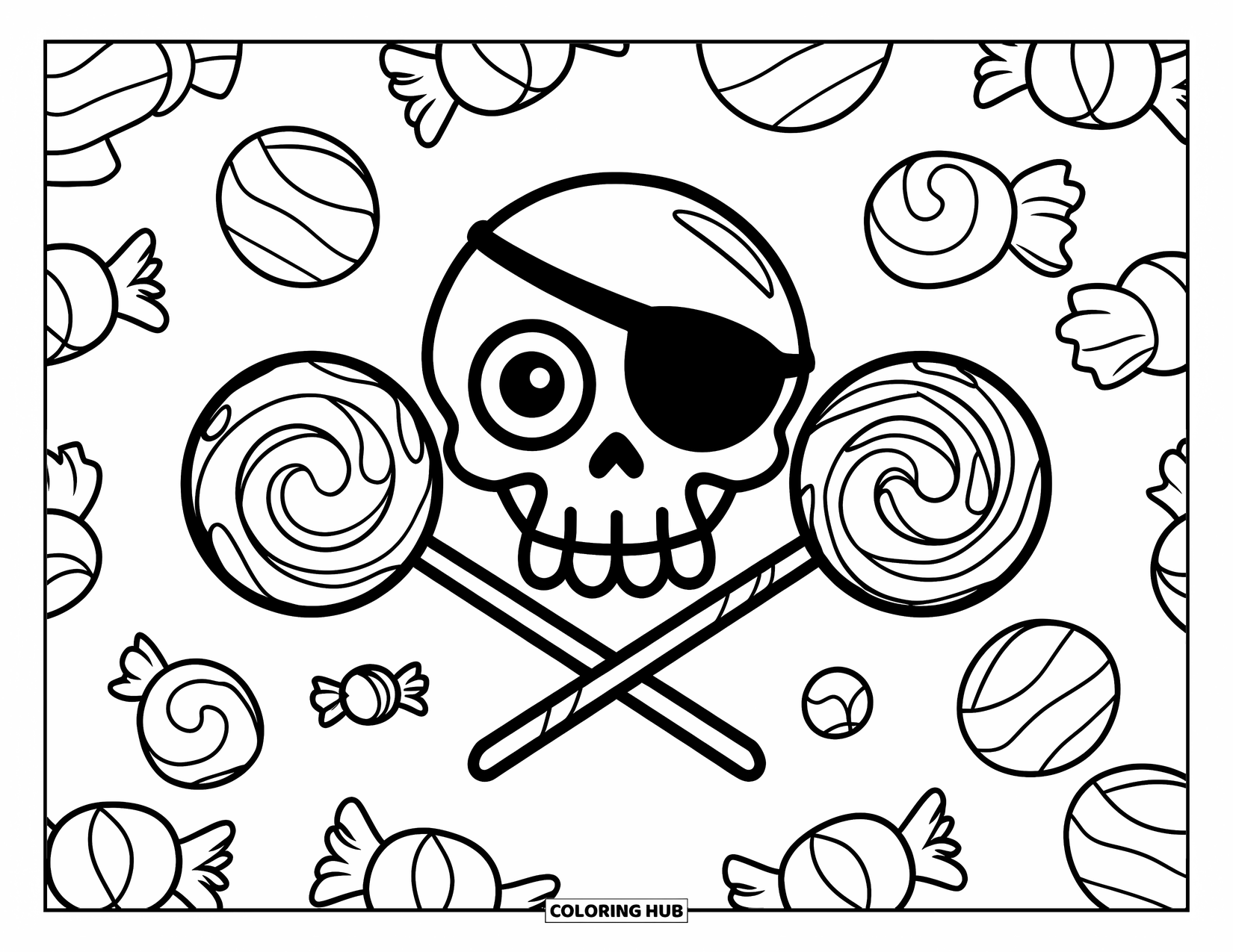 Skull Coloring Page for Kids: A sweet pirate skull with an eye patch grins among jelly beans and lollipops