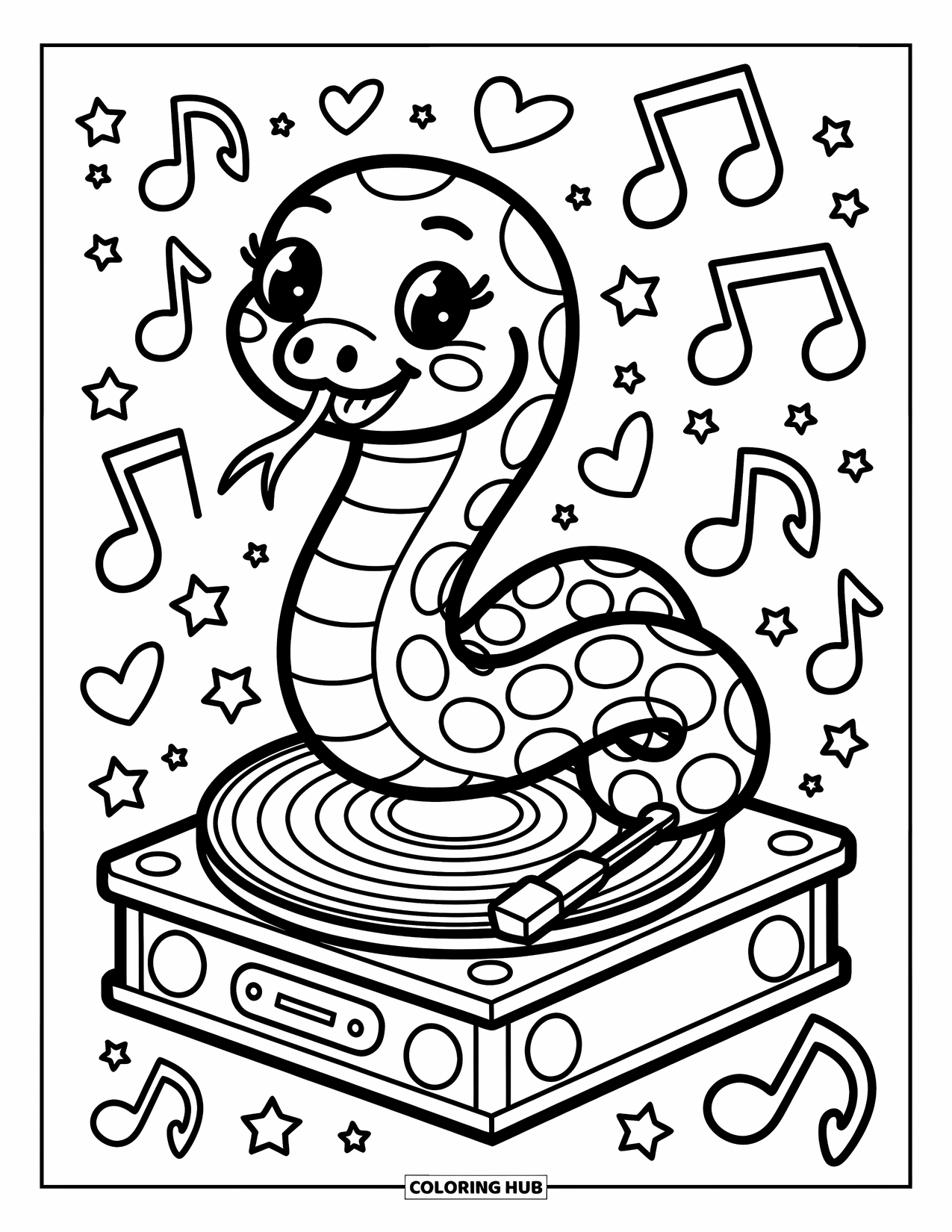Dibujo de serpiente para colorear para adultos: Una alegre serpiente gira en un tocadiscos con gominolas, notas musicales y pequeños instrumentos