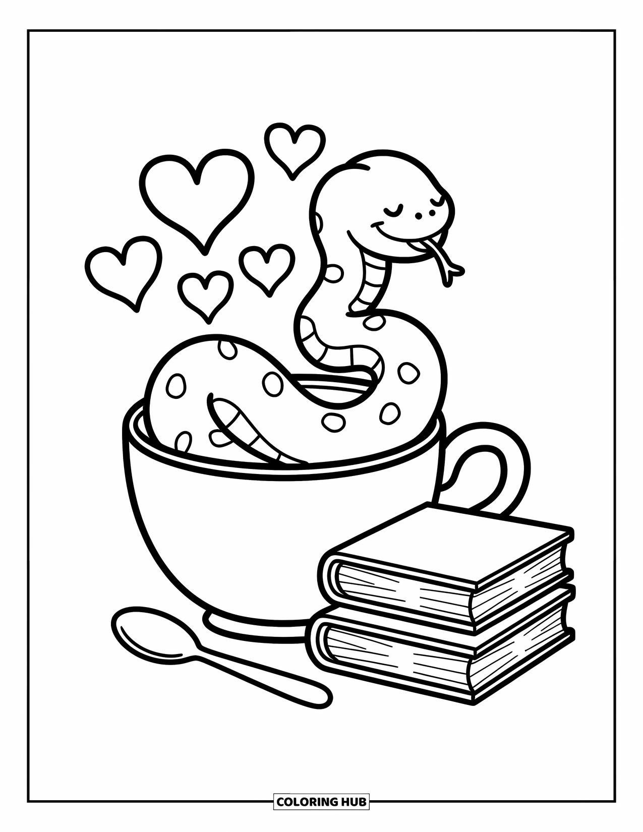 Dibujo de serpiente para colorear para adultos: Una serpiente gordita se enrosca dentro de una taza de té con vapor en forma de corazón y libros al lado