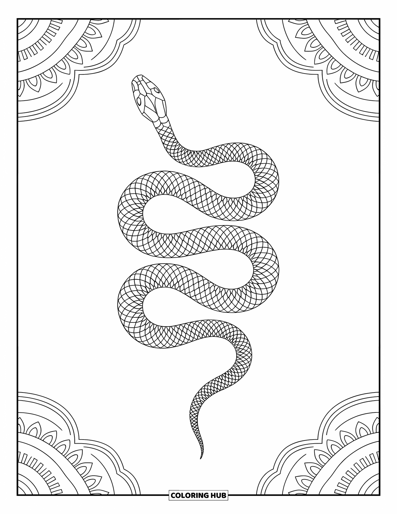 Dibujo de serpiente para colorear para adultos: Una serpiente enrollada descansa entre patrones tribales en capas y bordes ornamentados