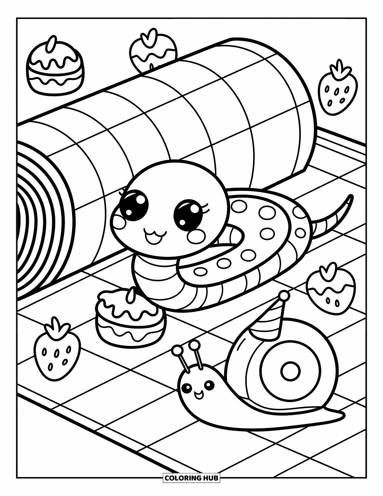 Dibujo de serpiente para colorear para adultos: Una linda serpiente asoma desde una manta de picnic con pasteles, fresas y un caracol con sombrero de fiesta