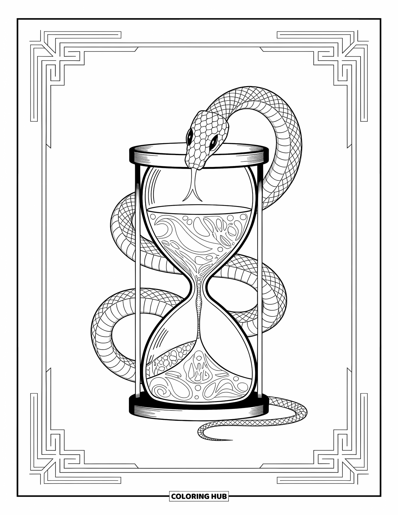 Dibujo de serpiente para colorear para adultos: Una serpiente detallada se enrosca alrededor de un reloj de arena en una escena llena de patrones elegantes