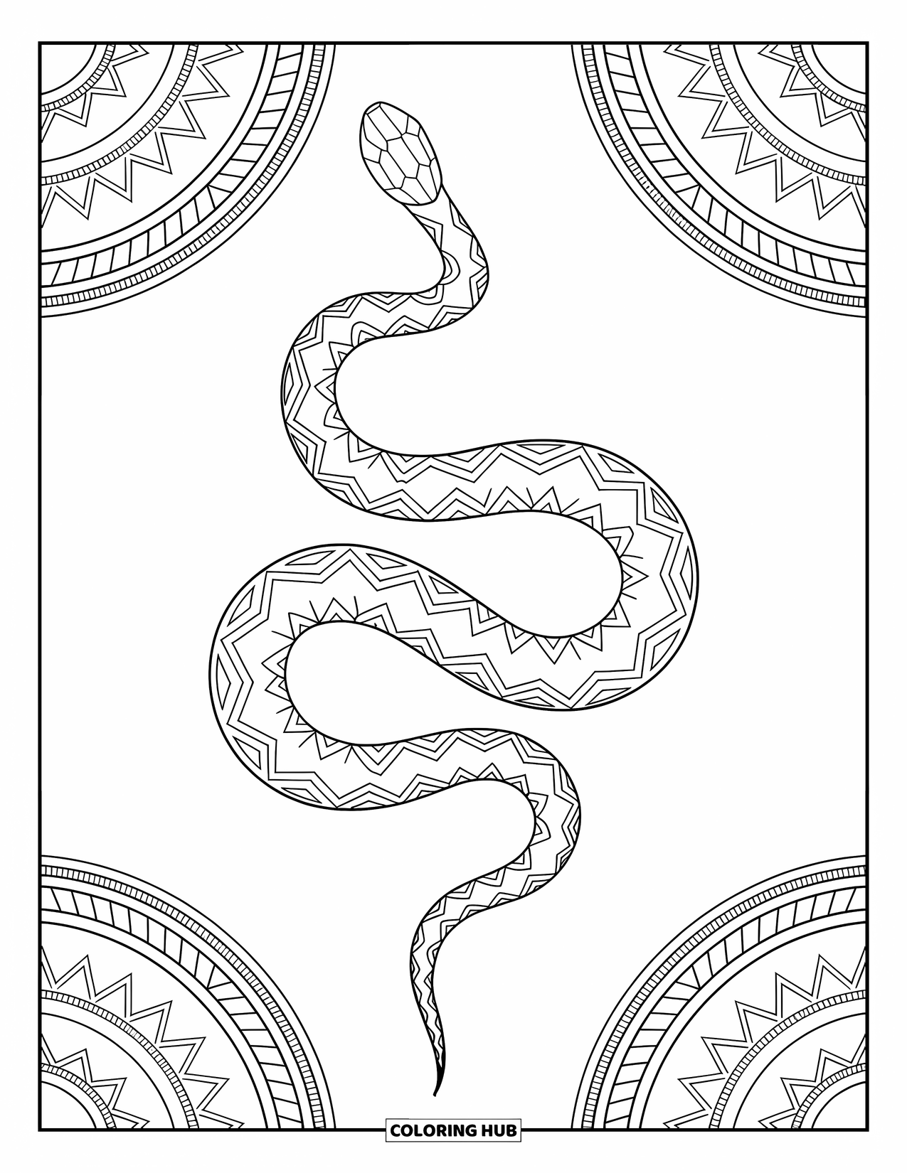 Dibujo de serpiente para colorear para adultos: Una serpiente elegante se enrosca a través de líneas tribales y bordes llenos de finos detalles geométricos