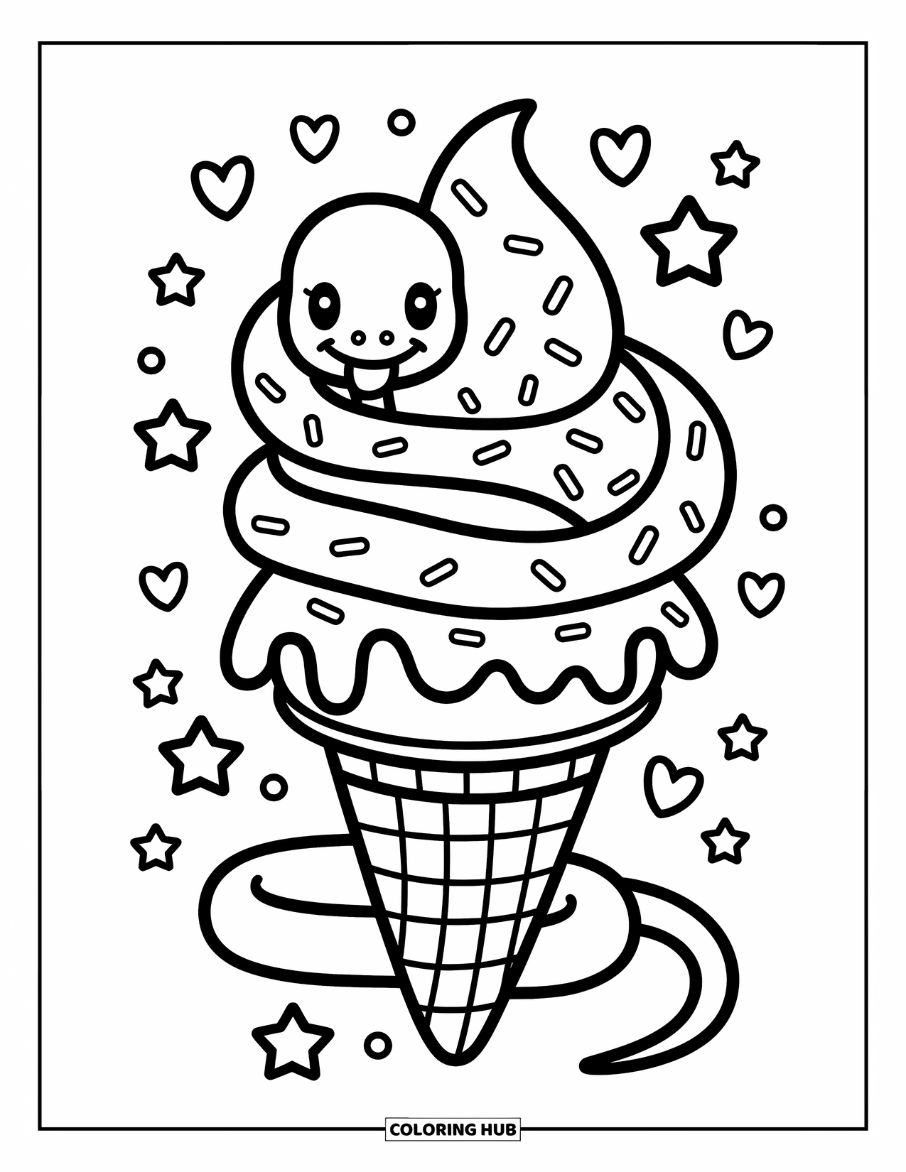 Dibujo de serpiente para colorear para adultos: Una serpiente feliz se envuelve alrededor de un cono de helado gigante con chispas y estrellas flotantes