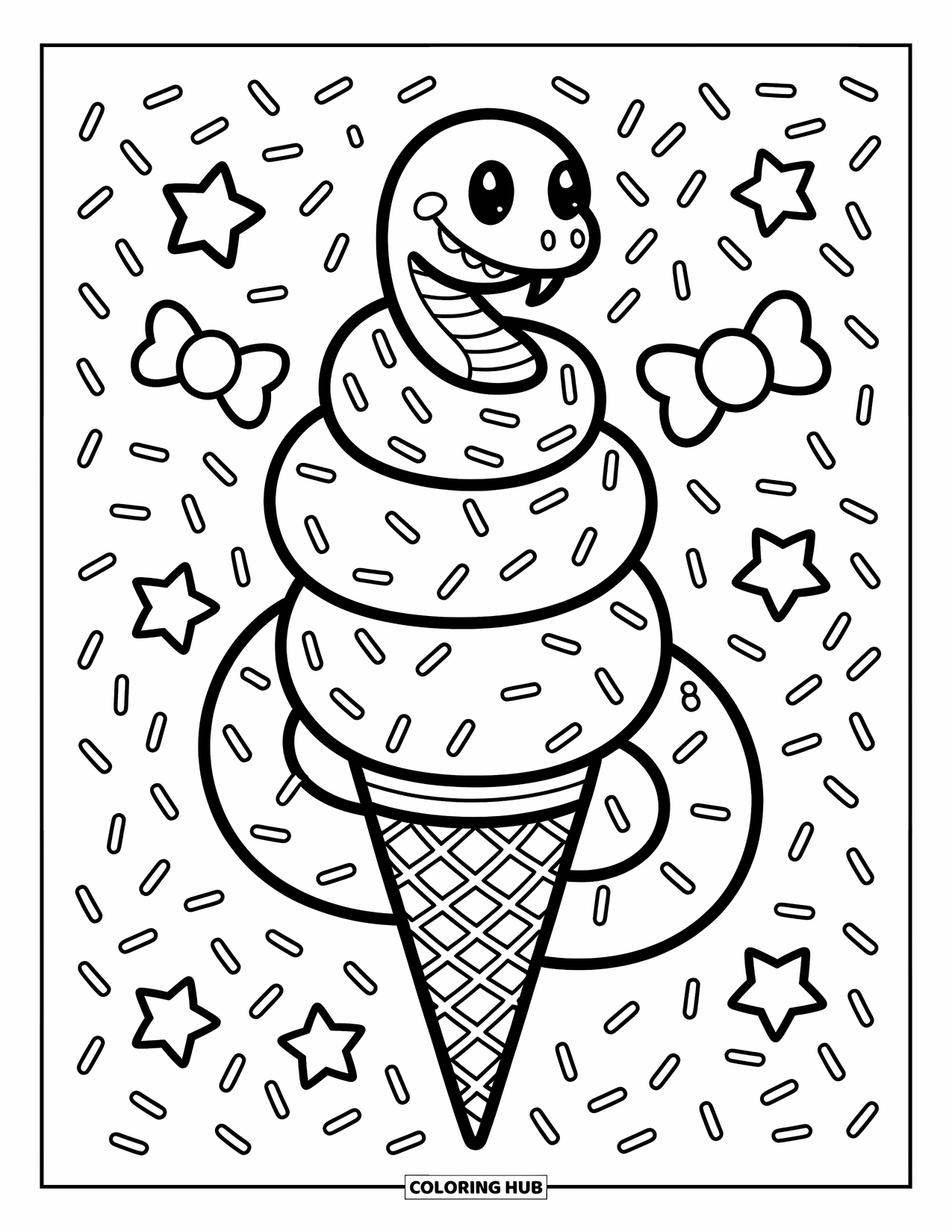 Dibujo de serpiente para colorear para adultos: Una serpiente juguetona se enrosca en un cono de helado con chispas y caramelos de estrella flotantes