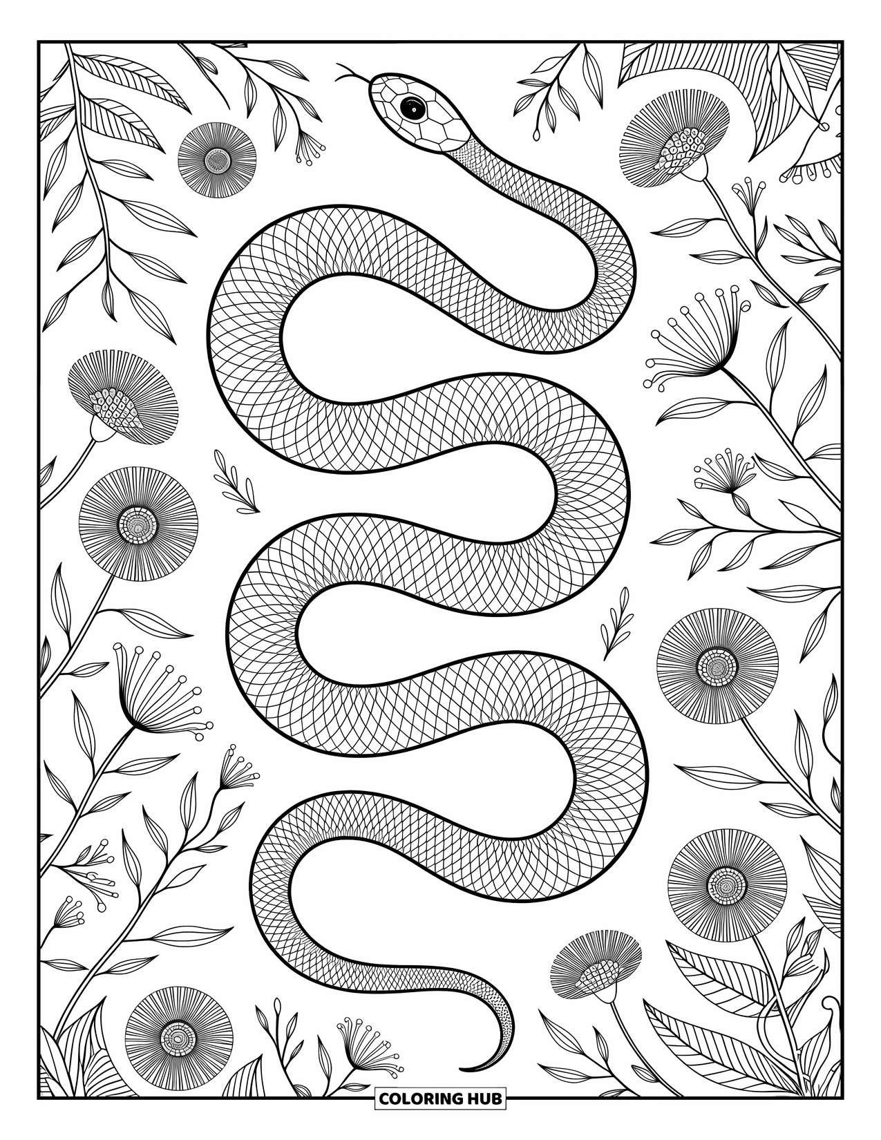 Dibujo de serpiente para colorear para adultos: Una serpiente elegante se desliza entre flores silvestres en una escena llena de intrincados patrones florales